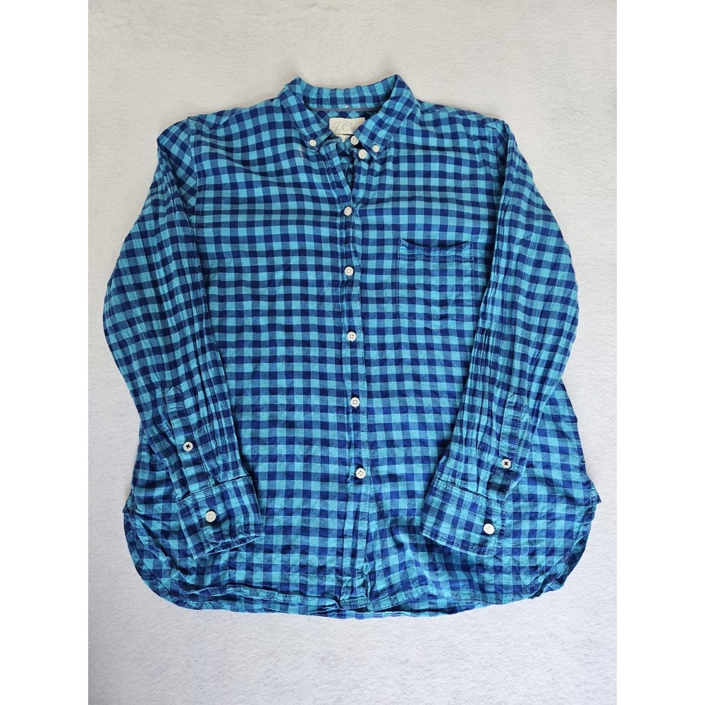 J.‎ Crew Blue Gingham Plaid Button Down Shirt Women's Size 12 Petite Soft Cotton